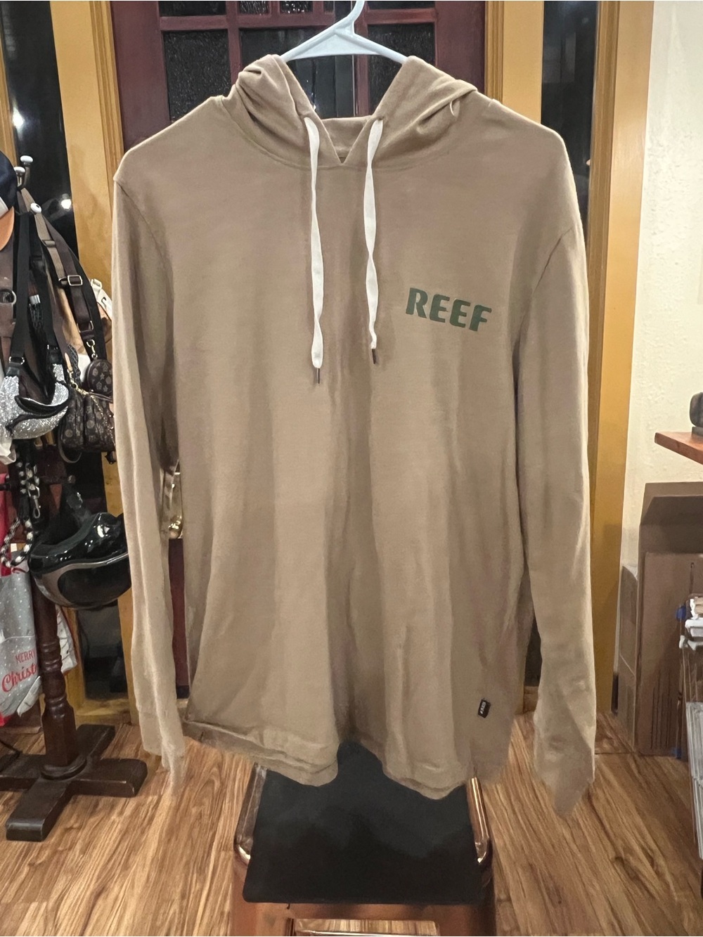 Reef Men's Hooded Long-Sleeve Shirt in Khaki with Green Logo